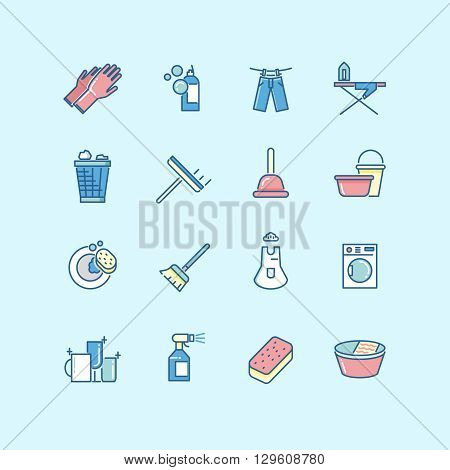 Washing, cleaning, laundry line color vector icons. Laundry icon, clean service washing, housework washing icon, wash equipment icon illustration