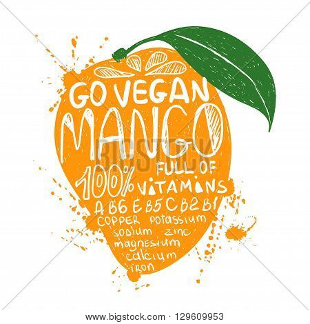 Hand drawn illustration of isolated colorful mango fruit silhouette on a white background. Typography poster with lettering inside the mango.