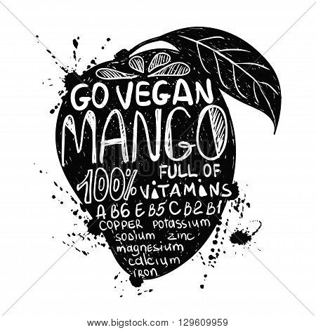Hand drawn illustration of isolated black mango fruit silhouette on a white background. Typography poster with lettering inside the mango.