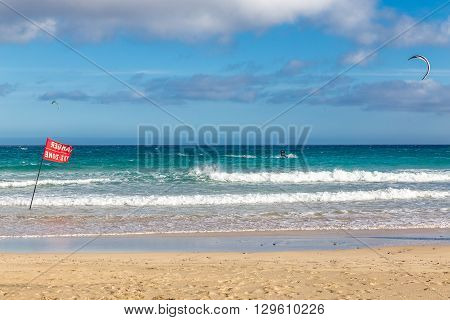Kitesurfer On Sotavento Beach - Fuerteventura Canary Islands Spain