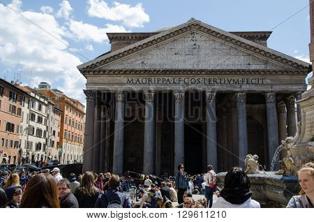 ROME, ITALY - APRIL 25:  Tourists at the famous Pantheon by Piazza della Rotonda in Rome Italy April 25, 2016