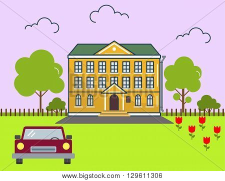 Building in flat design style. Vector illustration. On the picture the mansion, the car, trees and flowers are represented