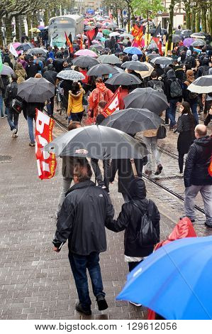 STRASBOURG FRANCE - MAY 12 2016: Elevated view of protesters as thousand of people demonstrate as part of nationwide day of protest against labor reforms by France Government