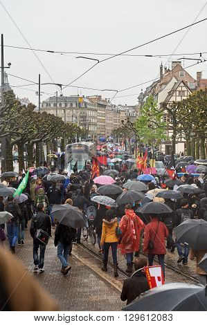 Elevated View Of Rows Of Protesters Against Labour Reform