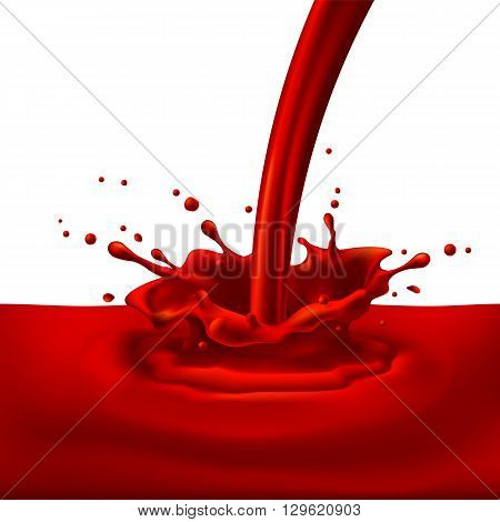 Pouring of red paint with splashes. Bright illustration on white background