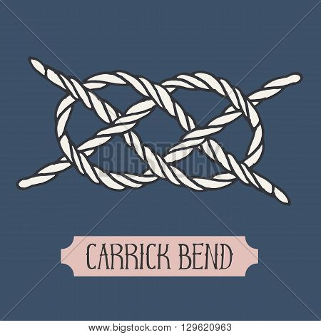Single illustration of nautical knot. Carrick Bend. Sailor knot. Nautical rope sign. Artistic hand drawn element. Marine rope knot. Tying the knot. Graphic design element for invitations, cards, logo