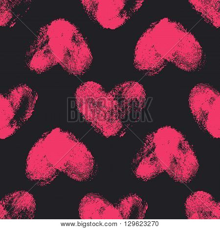 Seamless pattern with fingerprint hearts. Hand drawn heart shapes with rough edges. Trendy texture. Endless stylish backdrop. Pink thumbprint hearts on black background. Fabric, wallpaper, wrapping