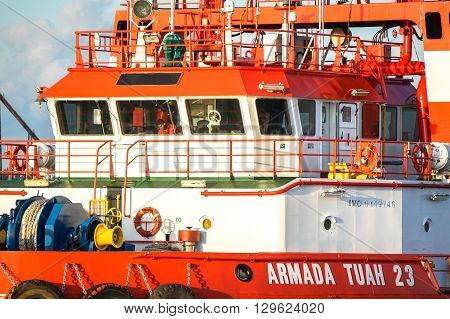 Labuan,Malaysia-May 7,2016:A view of Armada Tuah 23 bridge of the supply vessel transporting cargo at Labuan,Malaysia. All supply vessels actively in offshore industry in Labuan island.