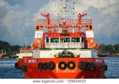 Labuan,Malaysia-May 7,2016:A view of Armada Tuah 23 bridge of the supply vessel transporting cargo at Labuan,Malaysia. All supply vessels actively in offshore industry in Labuan island.