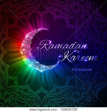 Glowing ornate crescent with bright lights in rainbow shades. Greeting card of holy Muslim month Ramadan