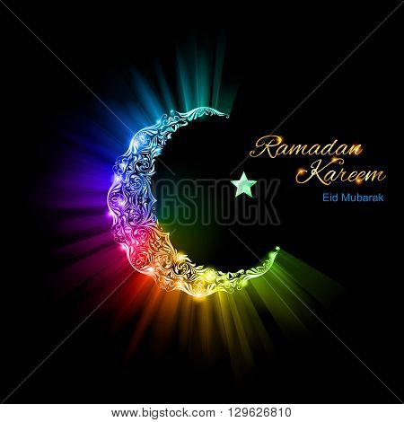 Ornate Moon Crescent and a single bright star in brilliant spectral flares and lights. Ramadan greeting postcard