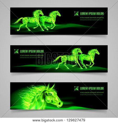 Set of banners with horses in green flame