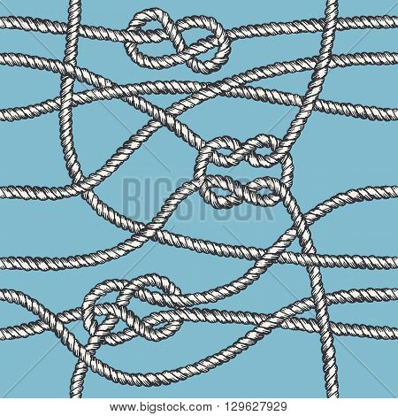 Marine rope knot seamless pattern. Endless navy illustration with white rope ornament and nautical knots on blue background. For fabric, wallpaper, wrapping. Figure 8, sheet bend and square knots.