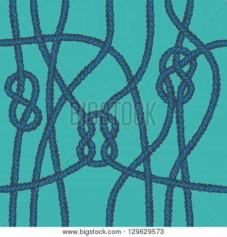 Marine rope knot seamless pattern. Endless navy illustration with blue rope ornament and nautical knots on green background. For fabric, wallpaper, wrapping. Figure 8, sheet bend and square knots.