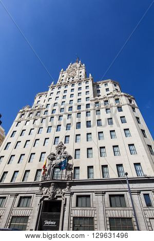 MADRID, SPAIN - MARCH 16, 2016: Exterior of the Telefonica Building in Madrid. Completed on March 1929 it was the first skyscraper in Europe.