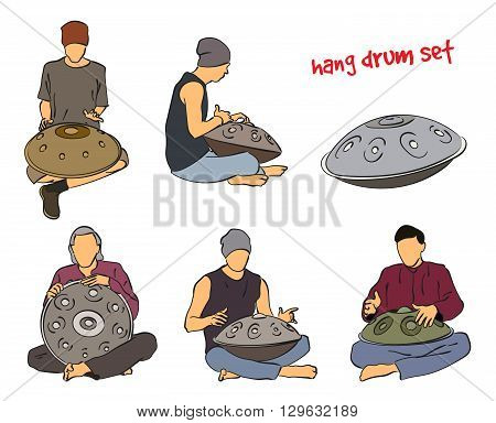 Musician playing hang drum. Vector silhouette set on white background.