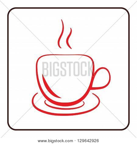 Coffee cup icon. Mug for cappuccino espresso mocha latte coffee tee drinks. Symbol of hot beverage. Flat graphic style. Red silhouette isolated on white background in frame. Vector illustration