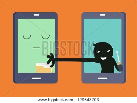 Technology communication with data hacker , smartphone and thief