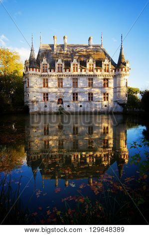 Azay-le-Rideau chateau  in autumn, the Loire Valley, France, retro toned