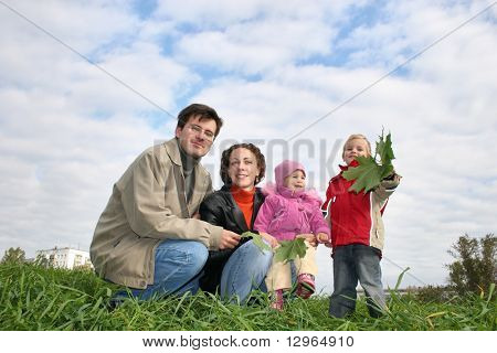 familia de cuatro. nubes. hierba