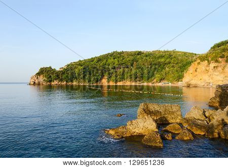 Beautiful morning view of Mogren beach in the popular resort of Budva Montenegro