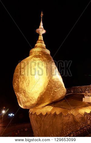 Kyaikhtiyo Or Kyaiktiyo Pagoda At Dusk In Myanmar. They Are Public Domain Or Treasure Of Buddhism, N