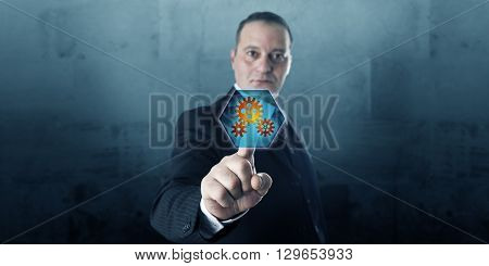 Male entrepreneur is pressing a hexagonal push button displaying three gear wheels. The virtual icon is lighting up. Business concept and technology metaphor for process activation in cyberspace.