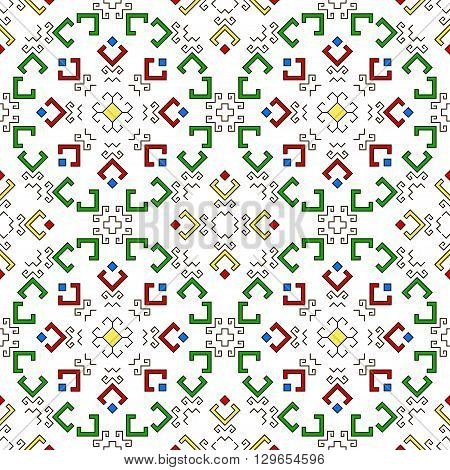 Geometric seamless pattern with traditional elements of the Chuvash culture. Ethnic pattern with black lines and colored fills. Vector illustration