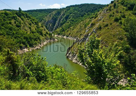 Meanders at rocky river Uvac gorge on sunny morning, southwest Serbia