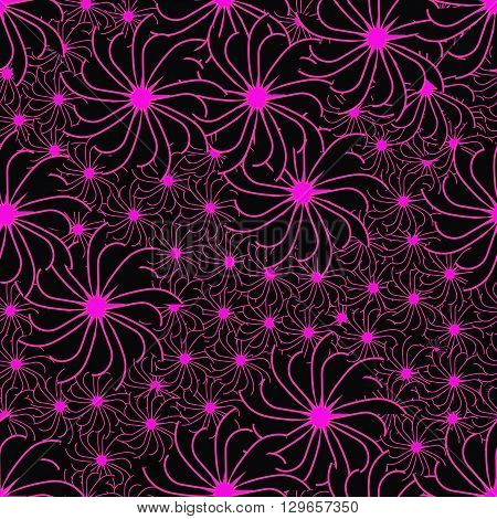 Bright pink flowers on a black background with magic sparkle