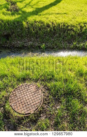 old rusty the sewer hatch with cover and a gutter with water and ooze is in the park among fresh spring grass