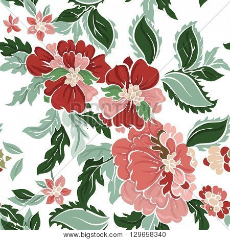 Beautiful floral seamless pattern on white. Vector background. Red flowers with green leaves.