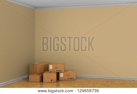 Box Cardboard Boxes on the floor against a white wall Shipping. 3d illustraton