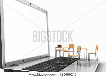 Webinar concept. Schooldesk and chalkboard on the laptop keyboard. 3d illustration