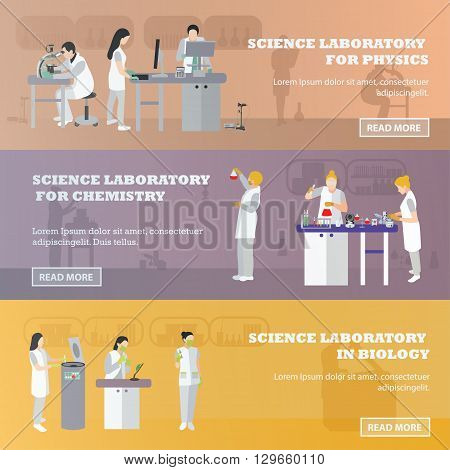 Vector set of medical laboratory banners. Illustration in flat style design. Doctors and scientist working in lab.