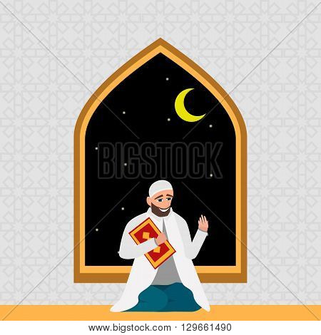 Islamic man in a white robe with karan pray at night in cartoon style flat isolated on white background