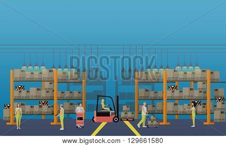 Logistic and delivery service concept banner. Warehouse interior. Vector illustration in flat style design.