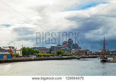 Dublin Ireland - August 3 2013: Nord Wall quay view of the Finanacial Center palaces
