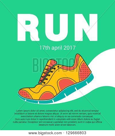 Running marathon. Colorful poster with running shoes ant text. Flat design. Vector illustration.