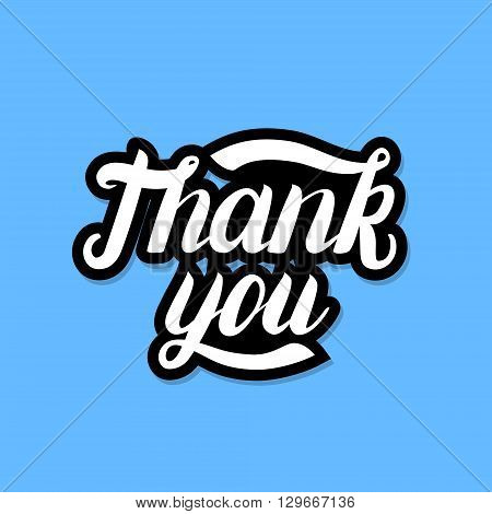 Thank you lettering for poster, card or tee print. White word with black shadow on blue background. Vector illustration.