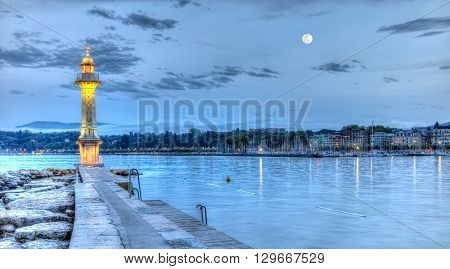Lighthouse at the Paquis by night, Geneva, Switzerland, HDR