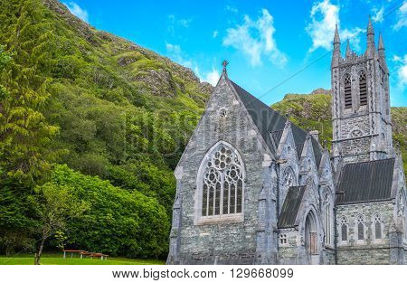 Ireland Calway county Connemara area the Gothic church of the Kylemore abbey on the Pollacappul lake
