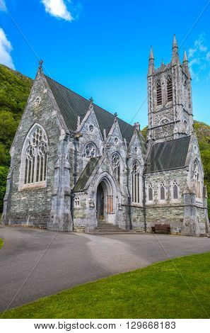 Ireland Calway county Connemara area the Gothic church of the Kylemore abbey on the Pollacappul lake