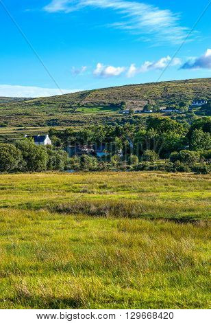 Ireland Calway county Connemara area landscape seen from the Kylemore abbey on the Pollacappul lake