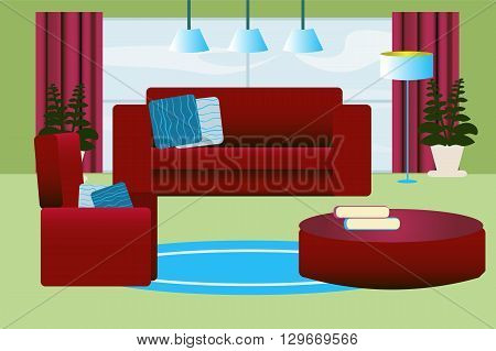 Lounge with large bright window , chair and coffee table