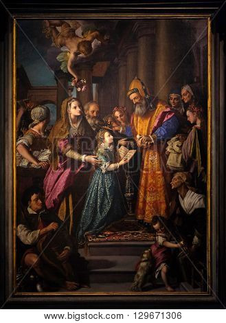 LUCCA, ITALY - JUNE 06, 2015: Altarpiece depicting Presentation of Mary to the temple, work by Alessandro Allori in Cathedral of St.Martin in Lucca, Italy, on June 06, 2015