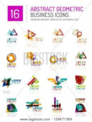 Abstract geometric business logo icon set. Colorful geometrical figure compositions with light effects - triangles circles rings arrows lines