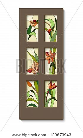 stained glass inserts with red gladioli in the door