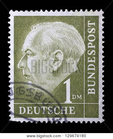 ZAGREB, CROATIA - JUNE 25: a stamp printed in the Germany shows Theodor Heuss, 1st President of the Federal Republic of Germany, 1949-1959, circa 1954, on June 25, 2014, Zagreb, Croatia