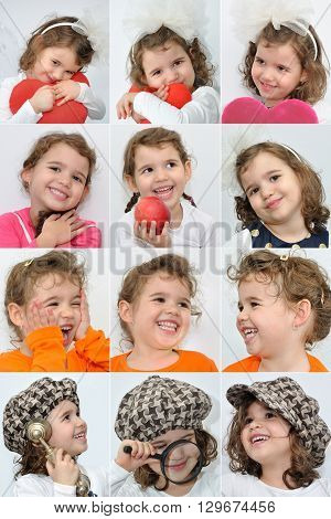 Collage of twelve photos of a smiling young girl
